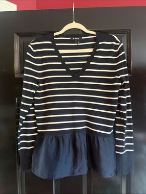 DKNY Navy & White Striped V-Neck Peplum Top